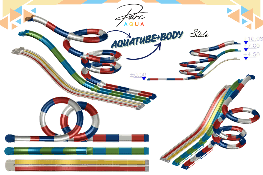 Bu görsel, kırmızı–mavi–yeşil–beyaz renkli GRP (cam elyaf takviyeli plastik) segmentlerden oluşan çok hatlı Aquatube + Body slide kombinasyonunu göstermektedir. Spiral tüp dönüşleri, multi-lane açık gövde hatları, yüksek eğimli drop bölümleri ve yatay hızlandırma parçaları bir arada sunulmuştur. Ürün, aquapark ve resort havuz alanlarında yüksek kapasite için tasarlanmış ticari su kaydırağı sistemidir. Kaydırak modüllerinin geometrisi; tüp dönüşleri, helisel spiraller, düz hız hatları, çoklu paralel kayma yüzeyleri ve platform yüksekliği referansları (+10.08 / +7.00 / +4.50) ile açıkça görünmektedir.
