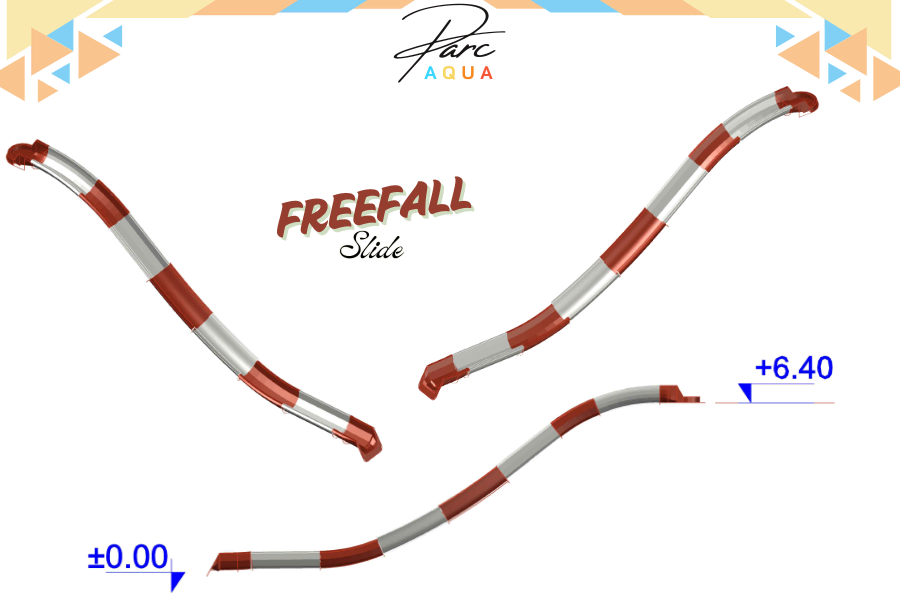 Görsel, Parcaqua imzalı kırmızı-beyaz renkli GRP kompozit serbest düşüş kaydırağını 3D render formatında gösterir; S-şekilli flume geometrisiyle +0.00 m'den +6.40 m yükseklik farkına sahip, fiberglass yapılı boru kesiti yuvarlak ve kapalı, gelcoat kaplamalı yüzey parlak, montaj için flume eklem yerleri entegre; aquaparklarda adrenalin odaklı su kayma aktivitesi için tasarlanmış, TÜV sertifikalı dayanıklı yapı.