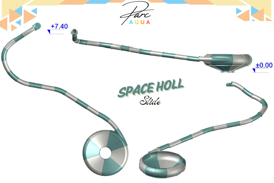 Multicolor GRP space hole (space bowl) water slide with circular bowl section, spiral entry flume, glossy UV-resistant gelcoat and segmented fiberglass structure. Designed for aquaparks, hotels and resort water attractions.