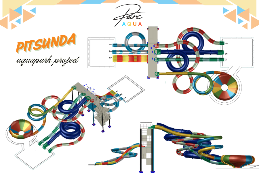 Abhazya Pitsunda plajında deniz kenarına konumlandırılmış çok şeritli fiberglass su kaydırağı kule sistemi. Renkli GRP flume’lar (mavi, sarı, yeşil) paslanmaz çelik platformdan başlayıp run-out havuzuna iniyor. Görselde yüksek kule, spiral ve düz flume kombinasyonu, palmiye ve Karadeniz manzarası eşliğinde çekilmiş; jelkot kaplı parlak yüzeyler, TÜV onaylı güvenlik bariyerleri ve su jet çıkışları net görünüyor. Ürün, yüksek debili aquapark rekreasyonu için tasarlanmış, sahil otel ve plaj tesislerine entegre edilir.