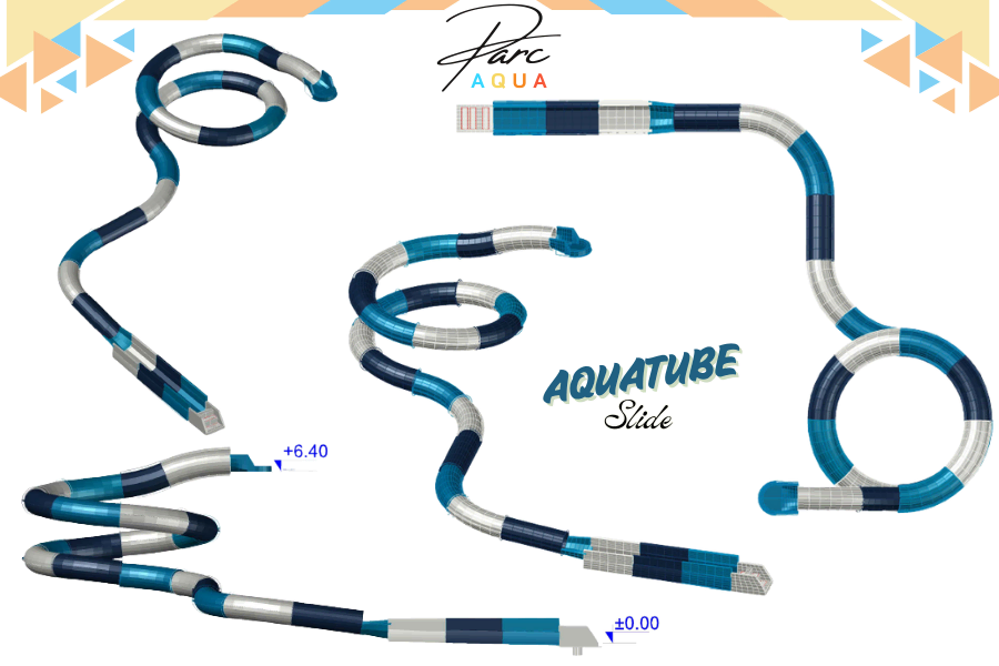 3D proje renderında görülen kapalı tüp su kaydırağı; 6,40 metre başlangıç kulesi, 870 mm iç çaplı GRP flume, yarı saydam mavi-açık yeşil renk geçişli jelkot kaplama, 360° spiral + düz kombinasyonlu rotası, run-out çıkışlı (havuza doğrudan düşüş yok), paslanmaz çelik platform ve merdiven yapısı, TÜV sertifikalı güvenlik bariyerleri ile birlikte tam rota gösterimli teknik çizim.