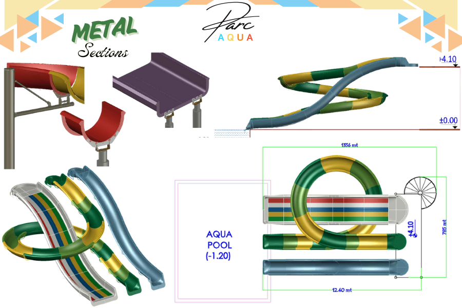 Yan yana üç kanallı GRP fiberglass su kaydırağı; renkli jelcoat yüzey, geniş platform bağlantısı ve aquapark kullanımına uygun çok hatlı kaydırak tasarımı.