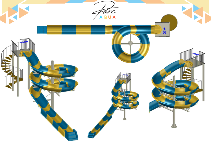 havuza ihtiyaç olmadan dry out veya kuru çıkış olarak bilinen şekilde dizayn edilmiş 2 turlu açık su kaydırak projesi