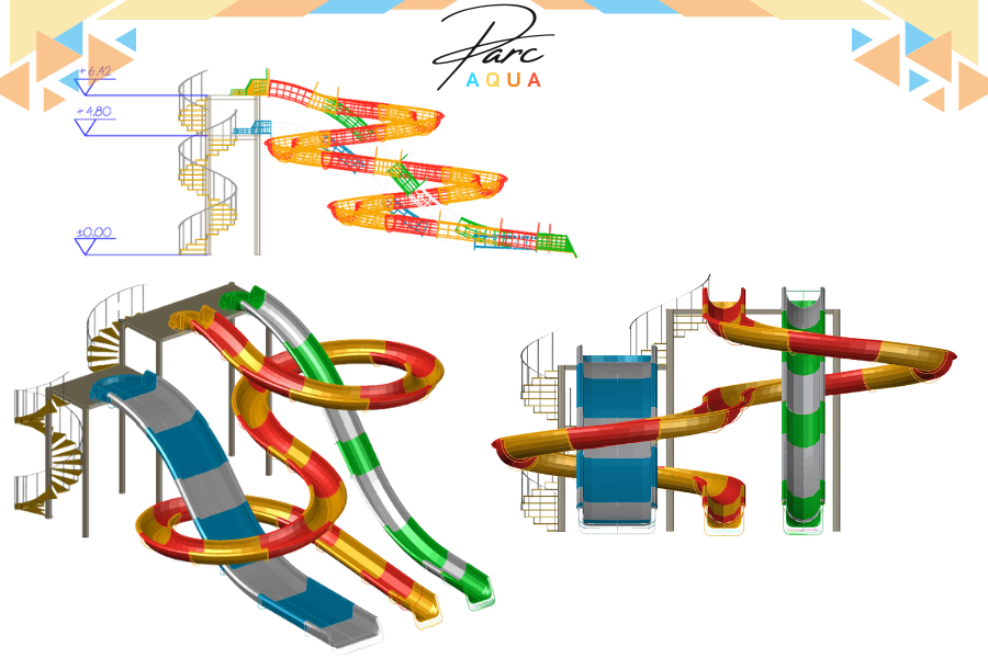 üç farklı su kaydırağı iki farklı kottan düşecek şekilde tasarlanmış