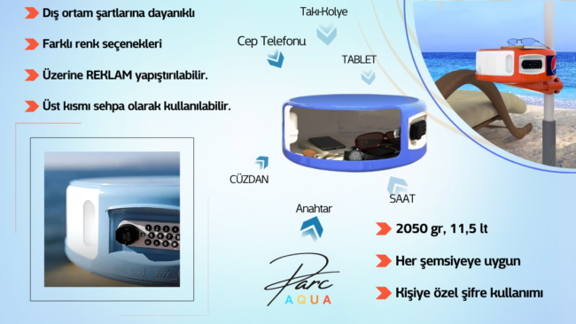 su parkı, plajlar ve havuzlarda insanların eşyalarının çalınmaması için geliştirilmiş safe box, aqua box isimli güvenlik kasası görseli