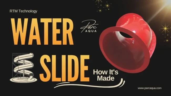 Step-by-step fiberglass waterslide manufacturing at Parc Aqua’s Kocaeli plant: gelcoat spraying, fiberglass layering, RTM mold closing and vacuum resin infusion process