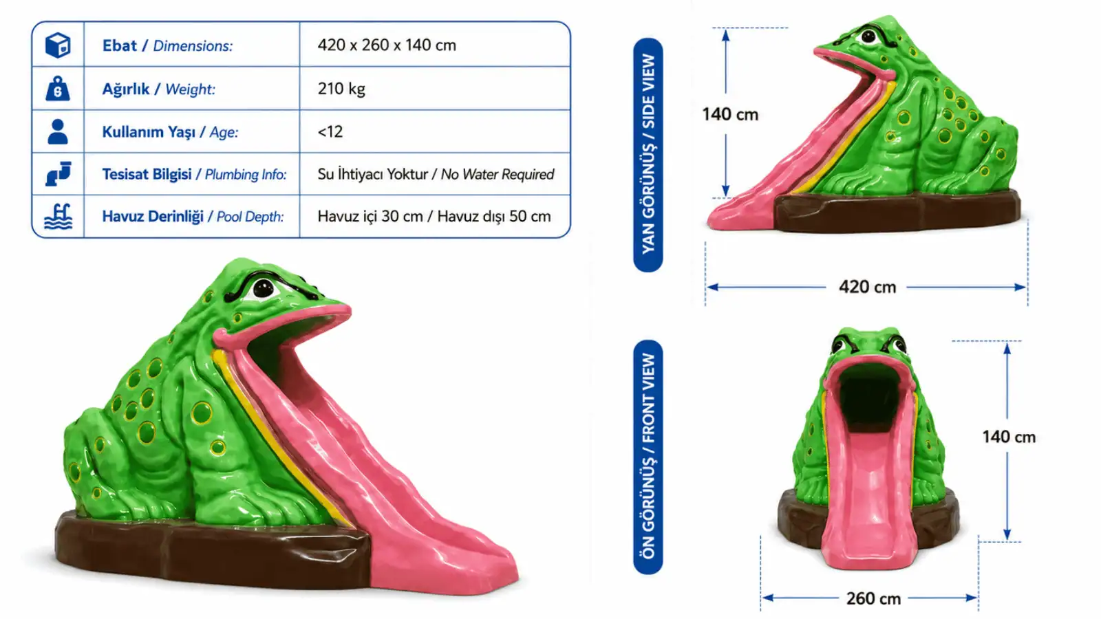 Frog themed kids water slide technical image