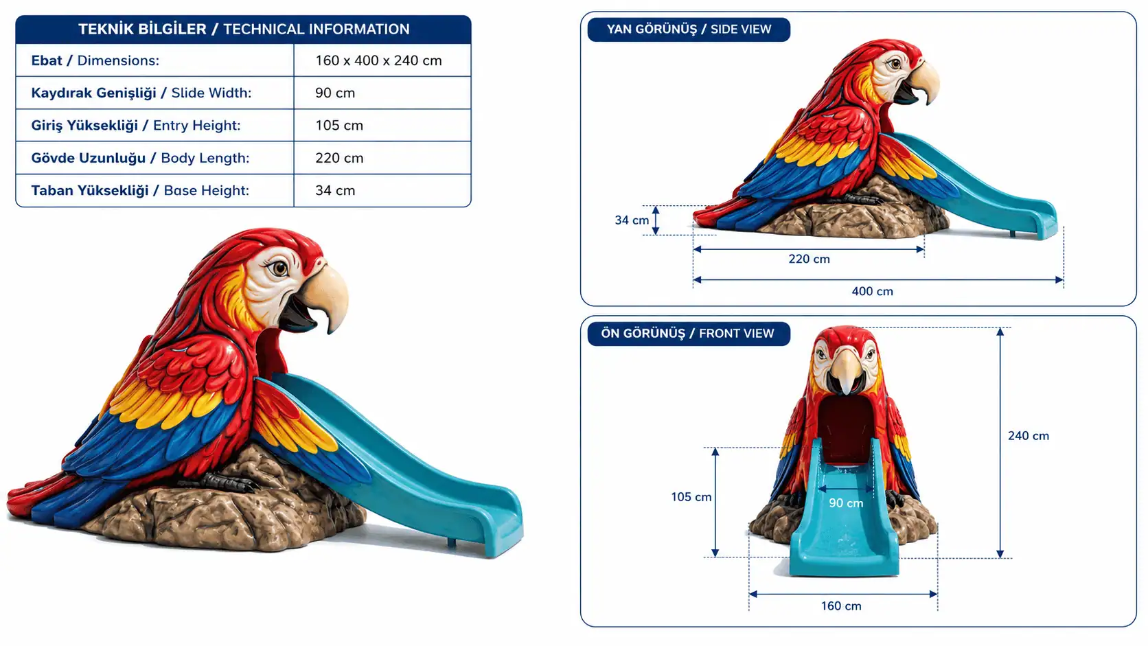 Parrot themed kids water slide technical image